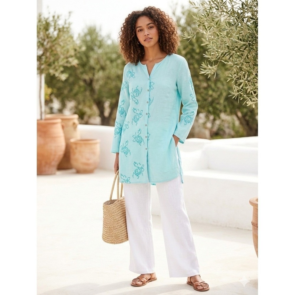 J. Jill Women Tunic Medium Blue Boho Linen Embroidered Long Sleeve Button‎ Down